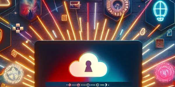 A modern laptop displaying adult content, surrounded by film reels, posters, and characters sharing experiences in a cozy atmosphere.