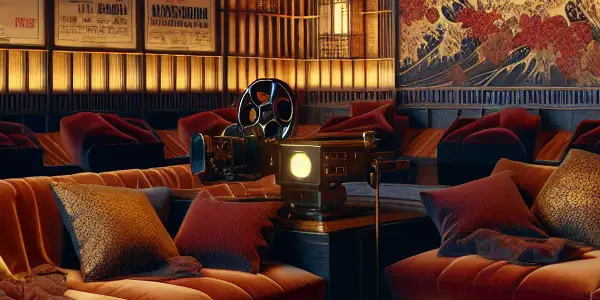 A cozy viewing room showcasing a projector, film reel, plush seating, and artistic posters of Japanese AV films.