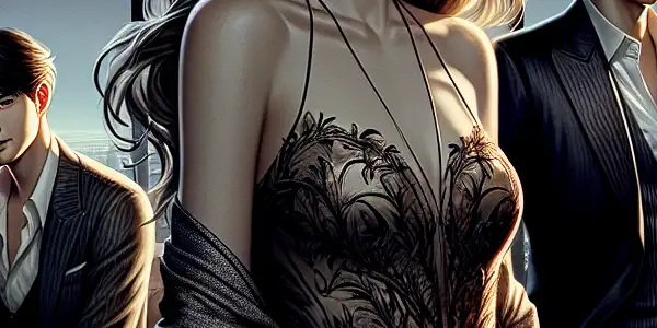 A romantic scene featuring a love triangle among three stylish characters in an intimate, upscale apartment setting.