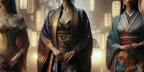 A group of women in traditional attire navigate a gritty post-war Japanese cityscape, embodying resilience and vulnerability.