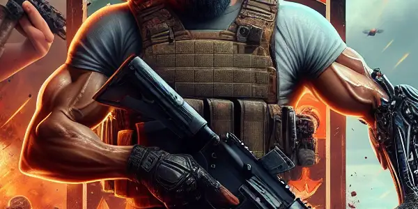 A heroic martial artist in tactical gear battles amidst explosions and smoke, with a humorous scene in the corner.