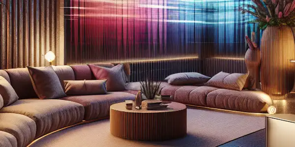 A luxurious adult entertainment room featuring a sleek condom box and a high-definition screen with abstract visuals.