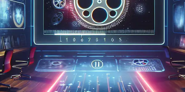 A futuristic digital workspace featuring a sleek interface for downloading Japanese adult films, illuminated by neon lights.