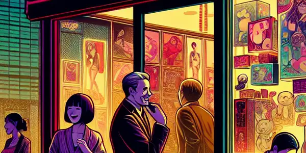 A lively storefront scene of a neon-lit adult toy shop with diverse characters and colorful merchandise.