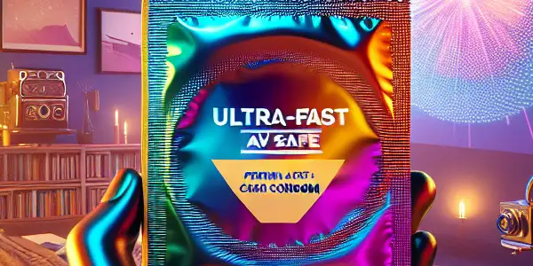 A sleek, modern condom package in a cozy, dimly-lit room, evoking intimacy and safety.