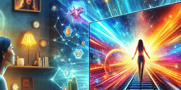 A modern living room with a smart TV, vibrant scenes, and a person enjoying a seamless streaming experience.