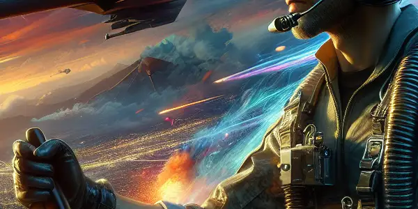 A heroic pilot in a futuristic fighter jet battles enemy aircraft in a dramatic, explosive sky.