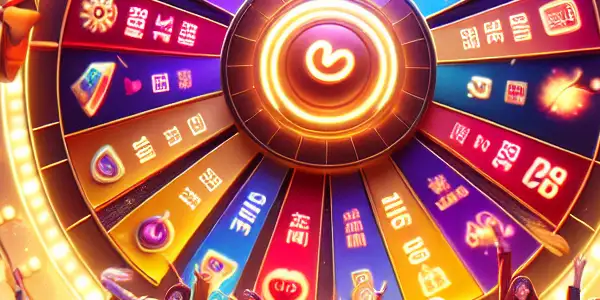 A vibrant online lottery event featuring a glowing wheel, diverse participants, and an atmosphere of excitement and allure.