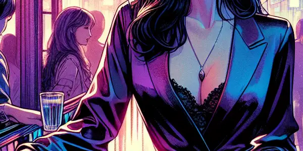 A confident woman in contemporary fashion exudes allure in a vibrant, neon-lit Tokyo nightlife scene.