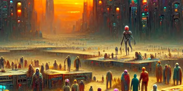 A dystopian alien quarantine zone with diverse humans and extraterrestrials interacting amidst rundown structures and vibrant technology.