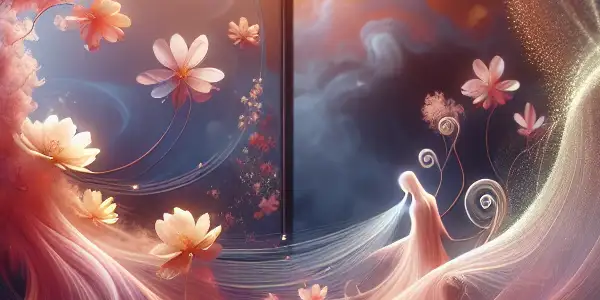 An intimate, abstract scene featuring flowing pages, cherry blossoms, and silhouettes of couples in a warm, romantic atmosphere.