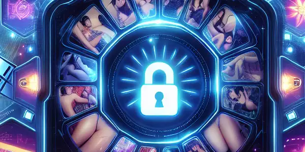 A modern digital interface showcasing adult entertainment discounts, surrounded by cybersecurity symbols, in a vibrant futuristic cityscape at night.