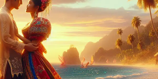 A romantic couple in traditional Filipino clothing on a sunset beach, surrounded by palm trees and tropical flowers.
