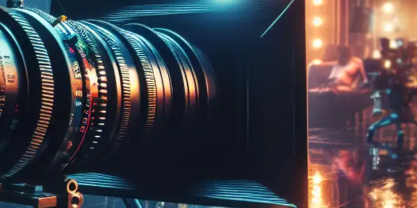 A dimly lit film studio with a large camera, colorful lights, and actors in motion, capturing filmmaking's intimate essence.