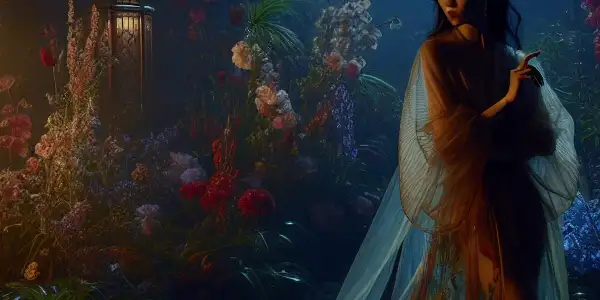 An elegant figure in a lush, moonlit garden, surrounded by vibrant flowers, exuding charm and sensuality.