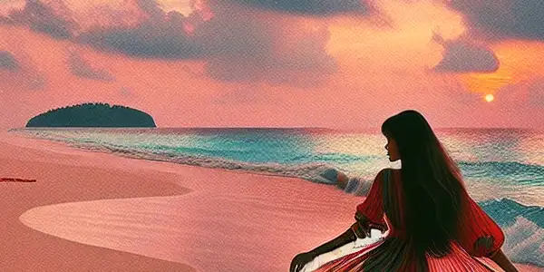 A romantic beach scene featuring a woman in a colorful outfit playfully interacting with gentle waves at sunset.