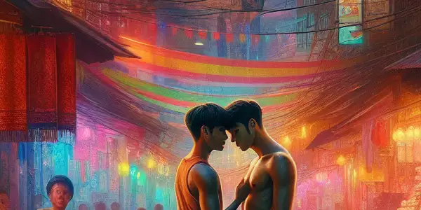 Two young men share a tender moment in a vibrant Thai street at twilight, surrounded by neon lights and cultural elements.